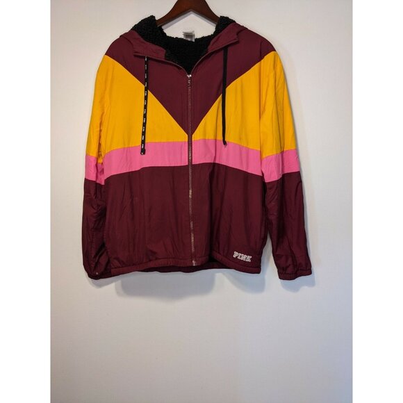 VICTORIA'S SECRET PINK SHERPA LINED JACKET Medium Pink Purple and Yellow - Picture 2 of 8
